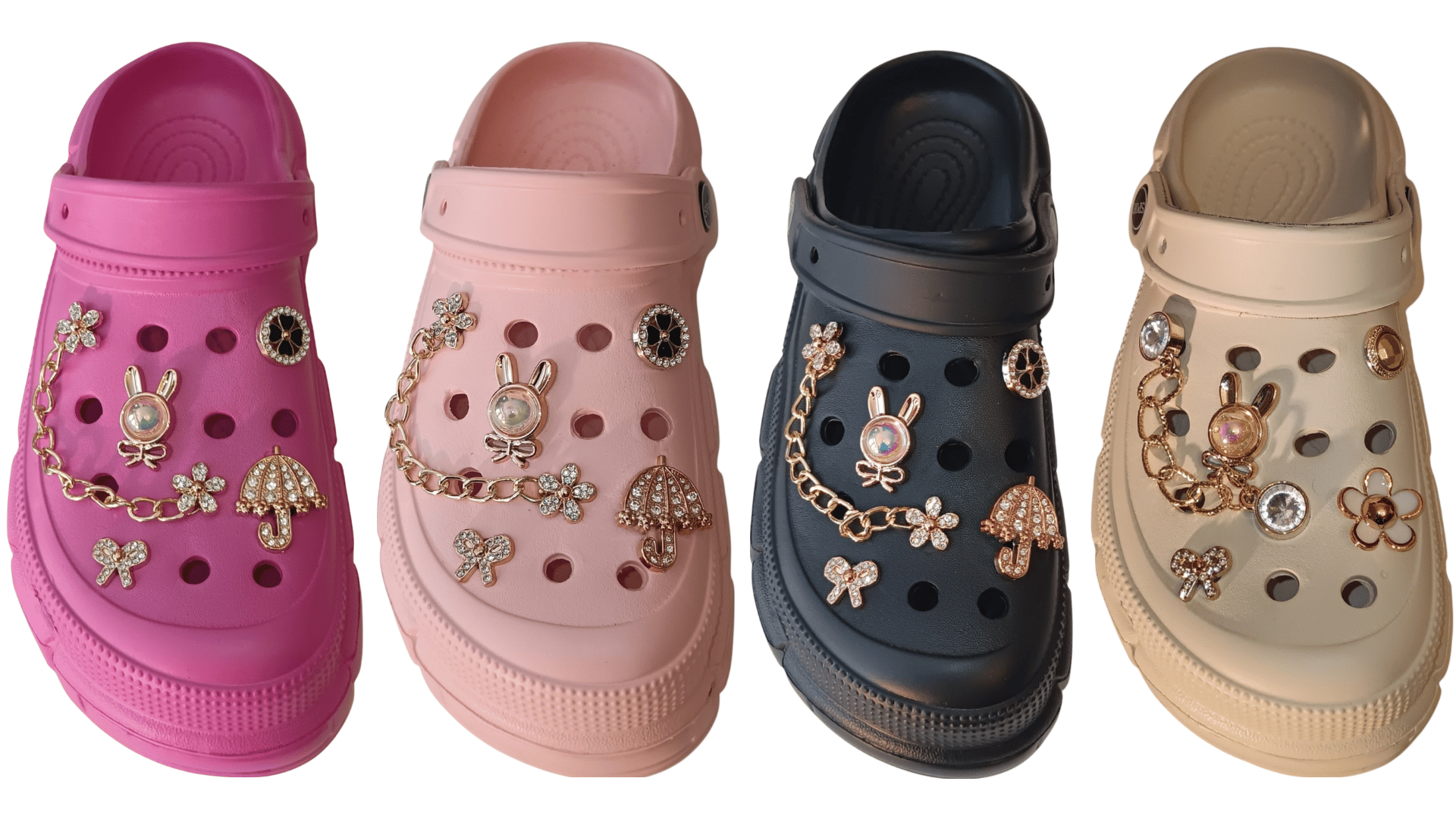 Women's Platform Clog Slippers with Luxury Gold Charms – Chunky Sole Summer Sandals, Bling Jibbitz Ornaments for Girls & Teens