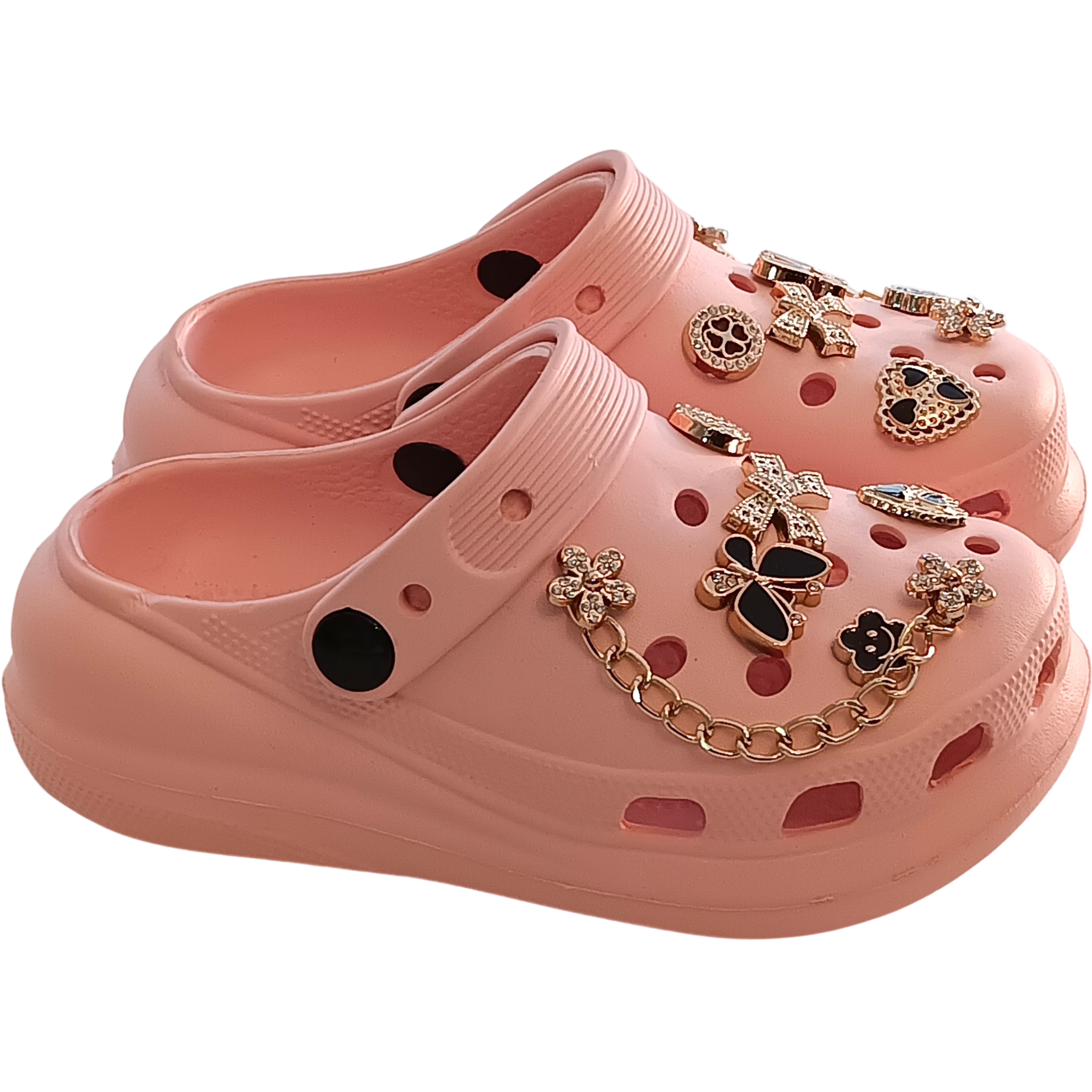 Girls' Embellished Clog Slippers – Rhinestone Butterfly & Umbrella Charms, Gold Chain, Non-Slip Comfort Platform Light Pink Glitter Star & Bow Clog – Charming pink footwear highlighted by dainty bows and radiant butterfly embellishments.