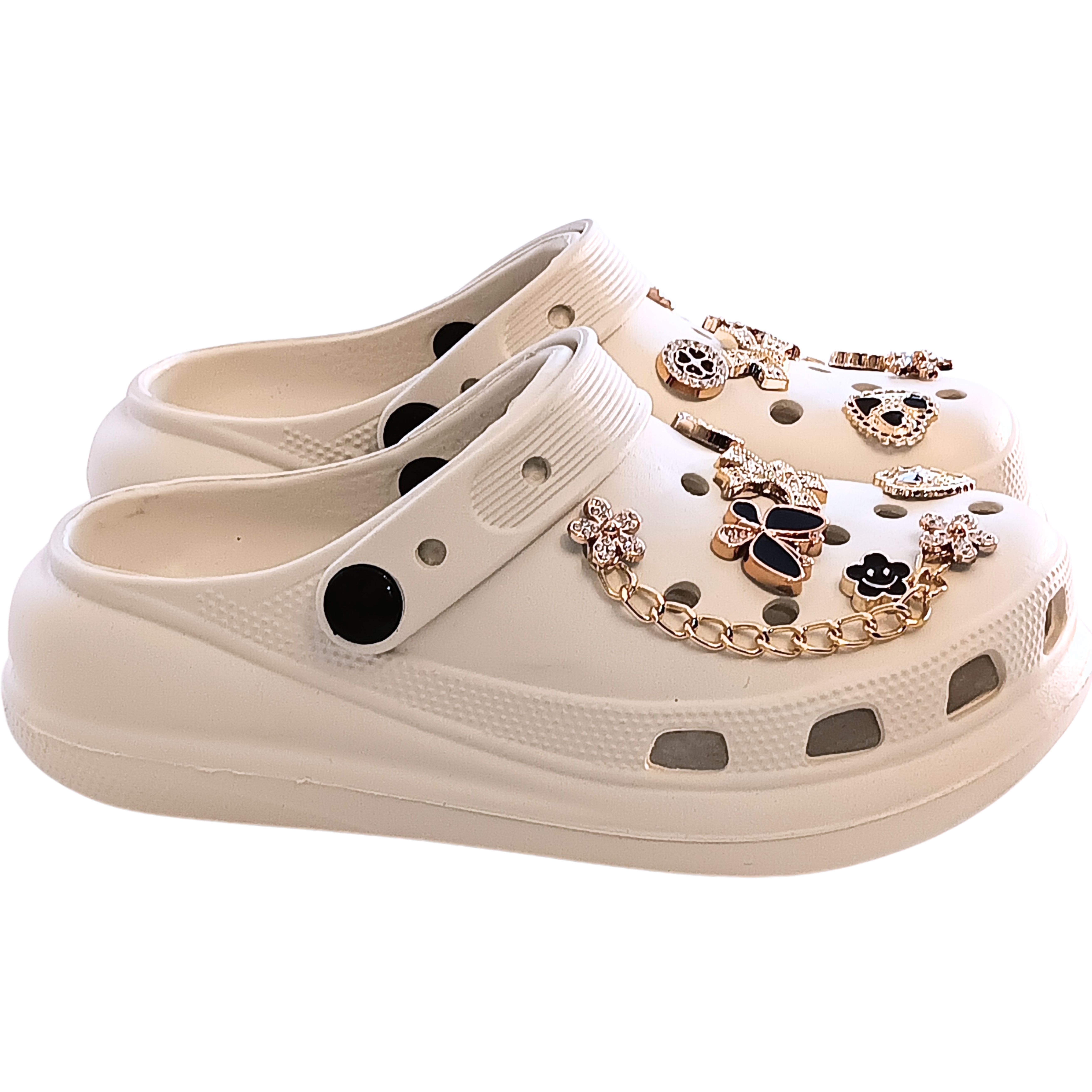 Girls' Embellished Clog Slippers – Rhinestone Butterfly & Umbrella Charms, Gold Chain, Non-Slip Comfort Platform Off-White Glitter Star & Bow Clog – Sophisticated neutral clogs finished with premium rhinestone butterfly and heart charms.