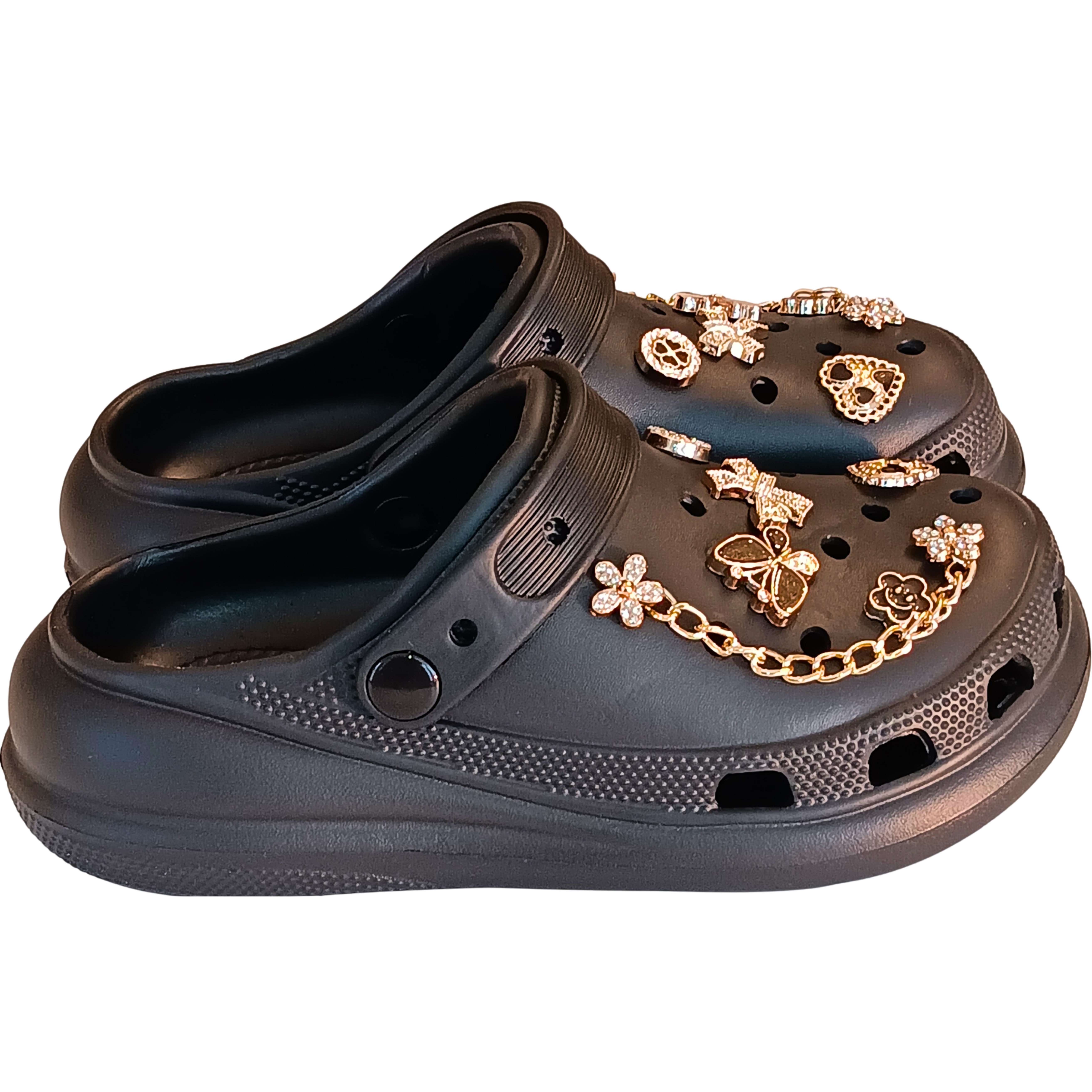 Girls' Embellished Clog Slippers – Rhinestone Butterfly & Umbrella Charms, Gold Chain, Non-Slip Comfort Platform Black Butterfly & Heart Charm Clog – Bold midnight black clogs with high-contrast gold chains and shimmering star details.
