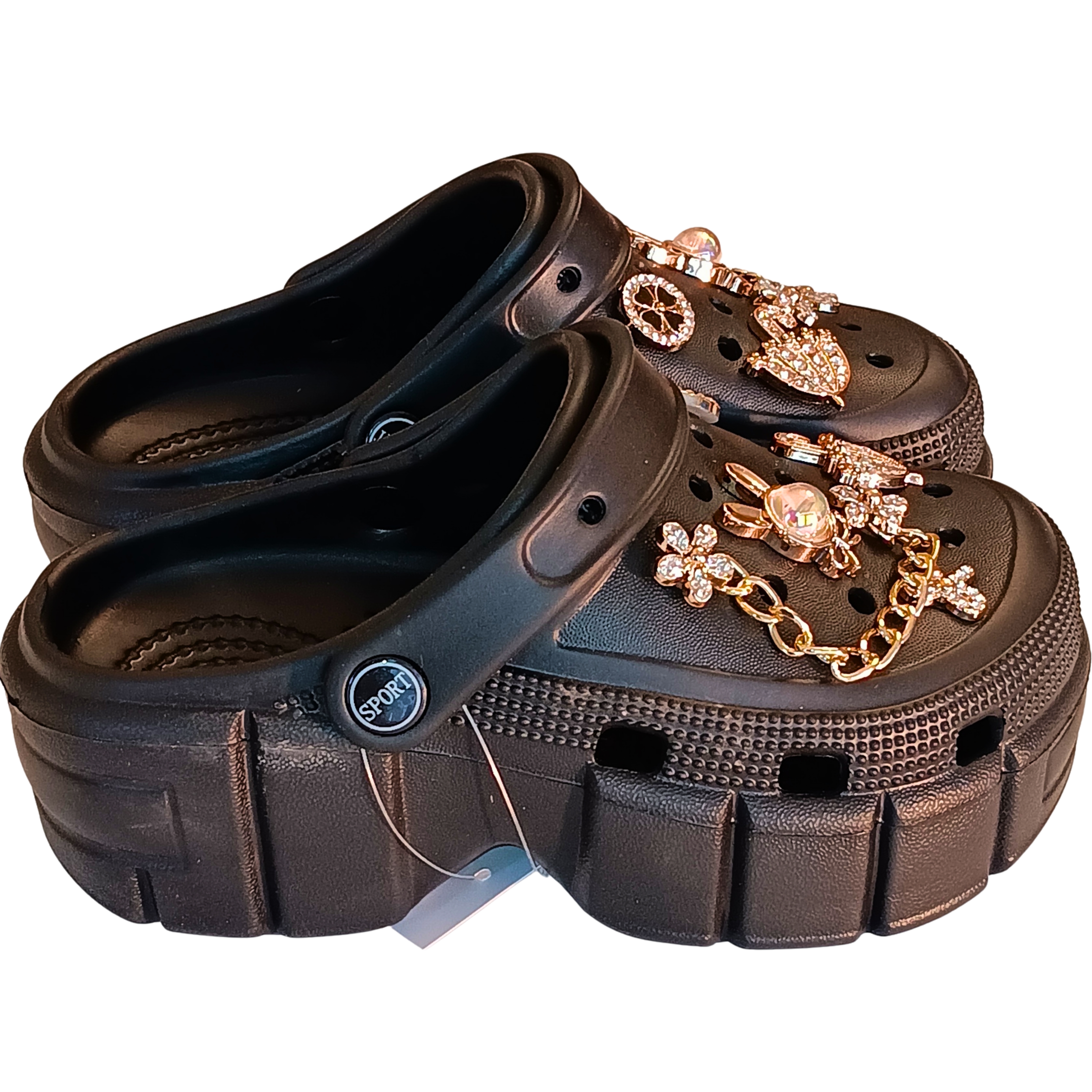 Girls' Embellished Clog Slippers – Rhinestone Butterfly & Umbrella Charms, Gold Chain, Non-Slip Comfort Platform Black Butterfly & Heart Charm Clog – Bold midnight black clogs with high-contrast gold chains and shimmering star details.