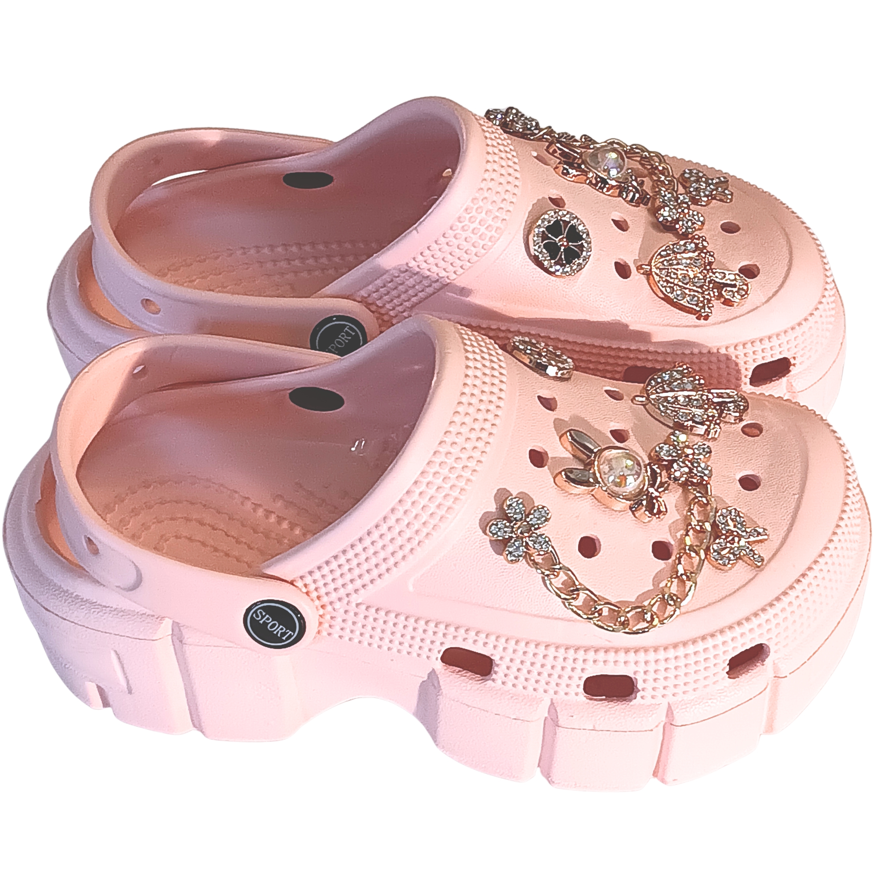 Girls' Embellished Clog Slippers – Rhinestone Butterfly & Umbrella Charms, Gold Chain, Non-Slip Comfort Platform Light Pink Sparkling Stone & Bow Clog – Trendy pink footwear featuring a signature gold chain and umbrella charm set.