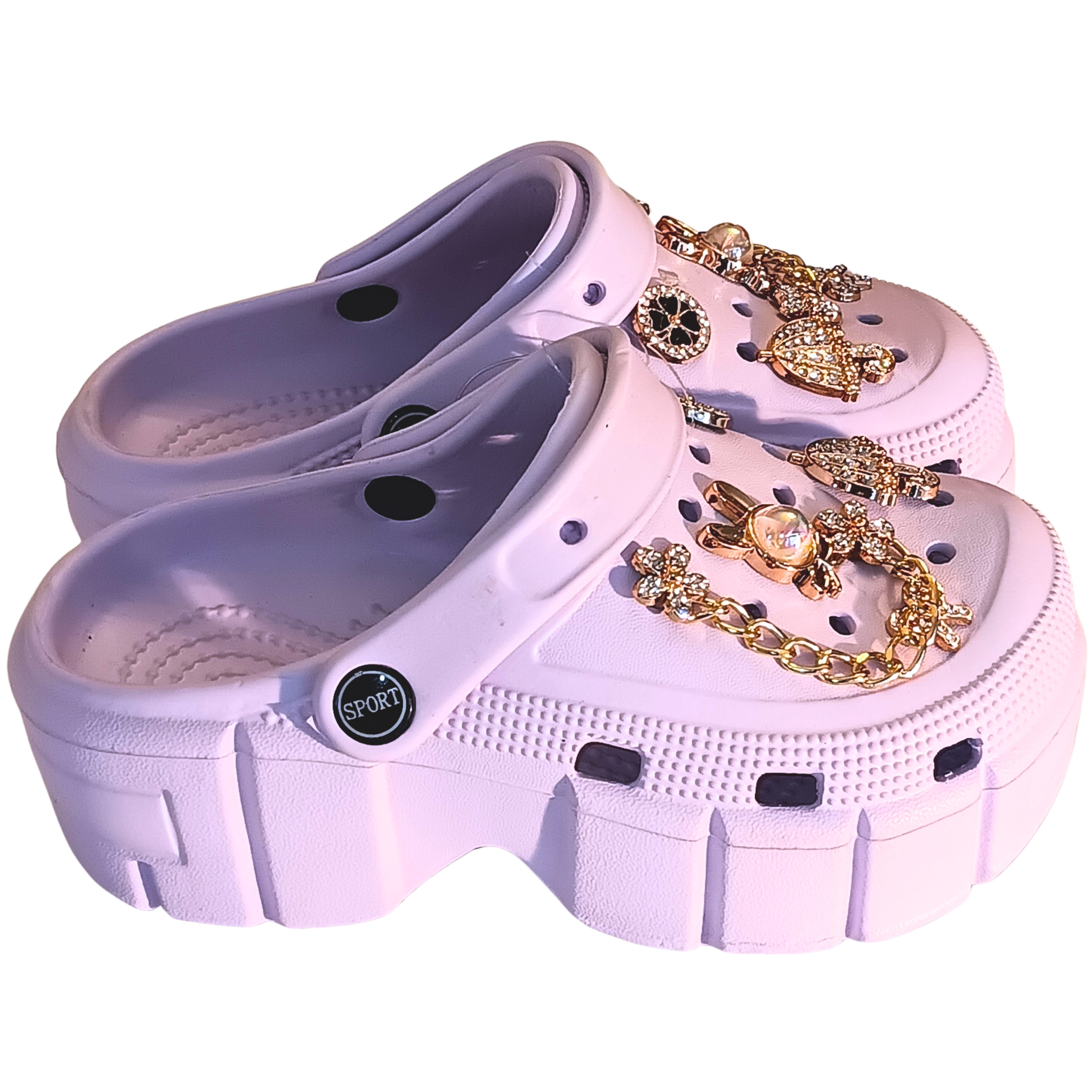 Girls' Embellished Clog Slippers – Rhinestone Butterfly & Umbrella Charms, Gold Chain, Non-Slip Comfort Platform Light Purple Royal Umbrella Charm Clog – Beautiful lavender clogs adorned with shimmering stone accents and glitter stars.