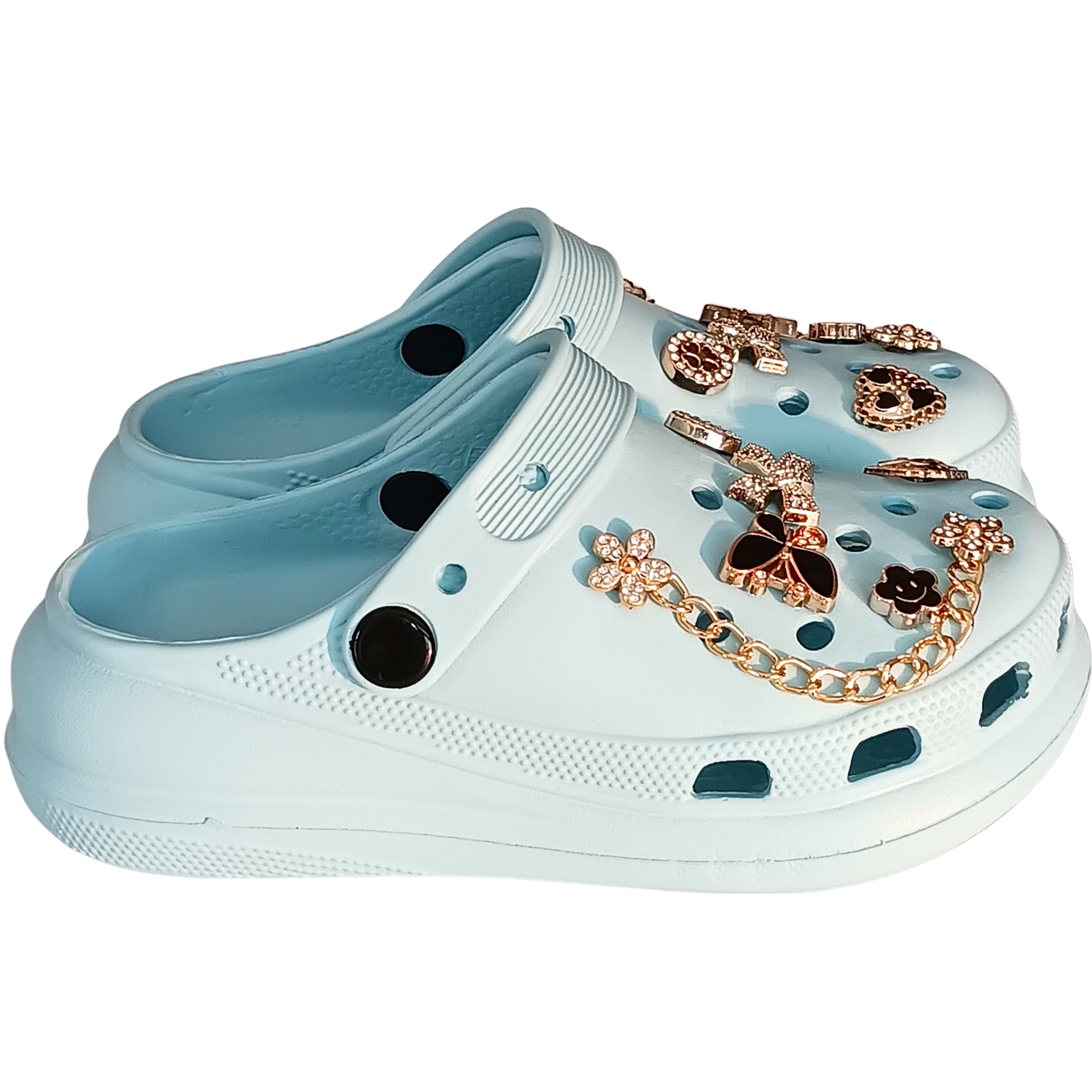 Girls' Embellished Clog Slippers – Rhinestone Butterfly & Umbrella Charms, Gold Chain, Non-Slip Comfort Platform Light Blue Glitter Star & Bow Clog – Cool blue comfort meets high-fashion with tiered gold chains and glittery accents.