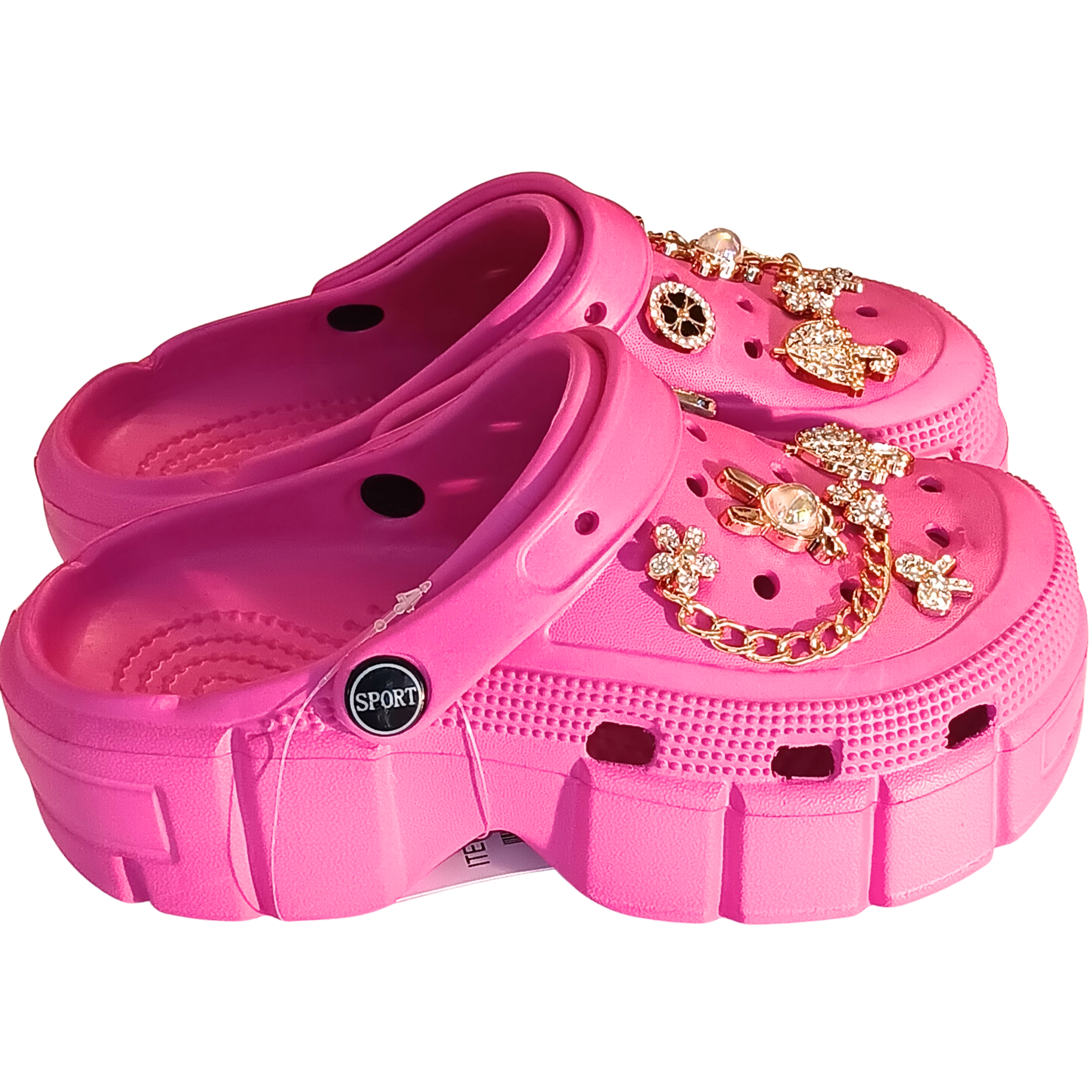 Girls' Embellished Clog Slippers – Rhinestone Butterfly & Umbrella Charms, Gold Chain, Non-Slip Comfort Platform Pink Sparkling Stone & Bow Clog – Eye-catching pink clogs finished with luxury stone details and anti-skid soles.