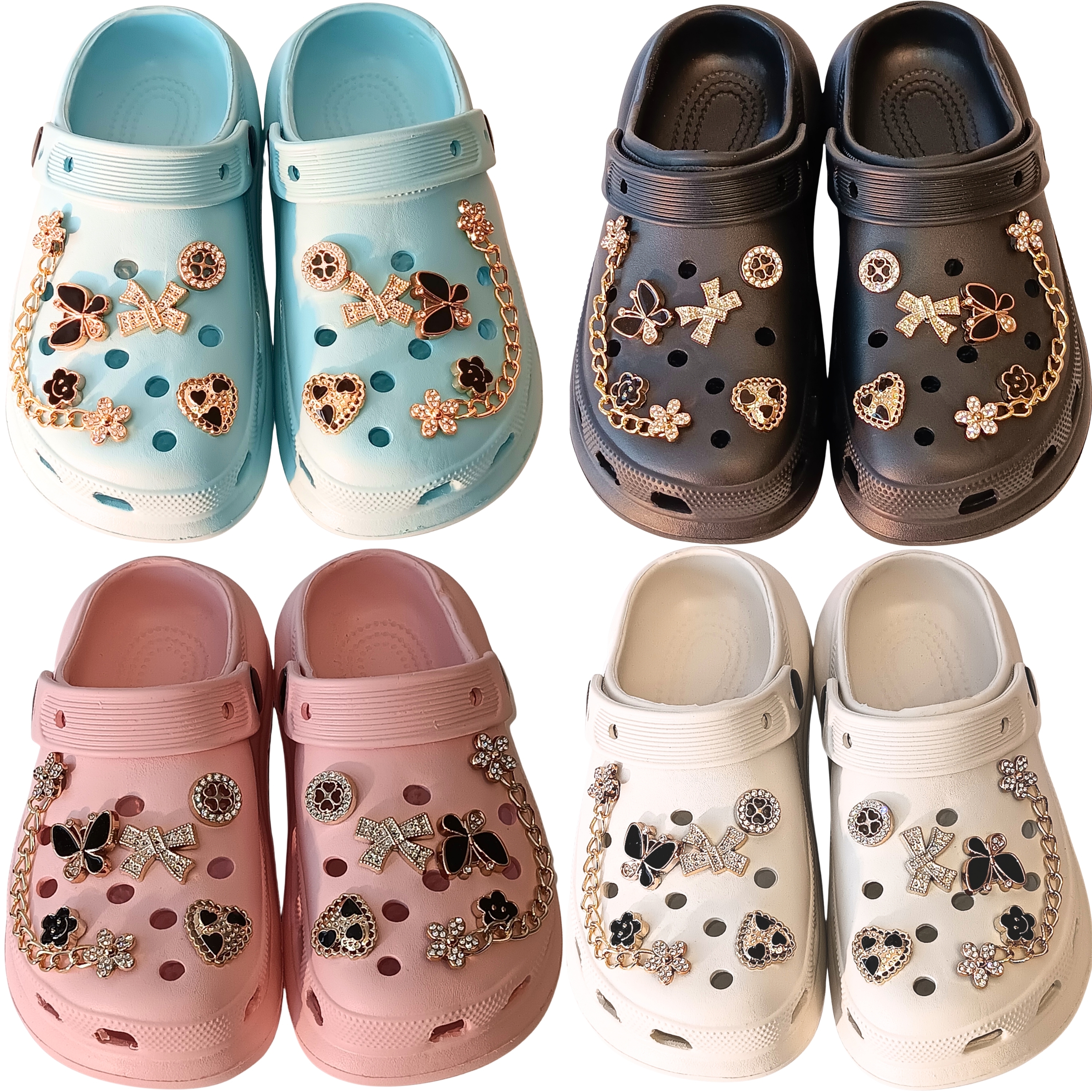 Girls' Embellished Clog Slippers – Rhinestone Butterfly & Umbrella Charms, Gold Chain, Non-Slip Comfort Platform
