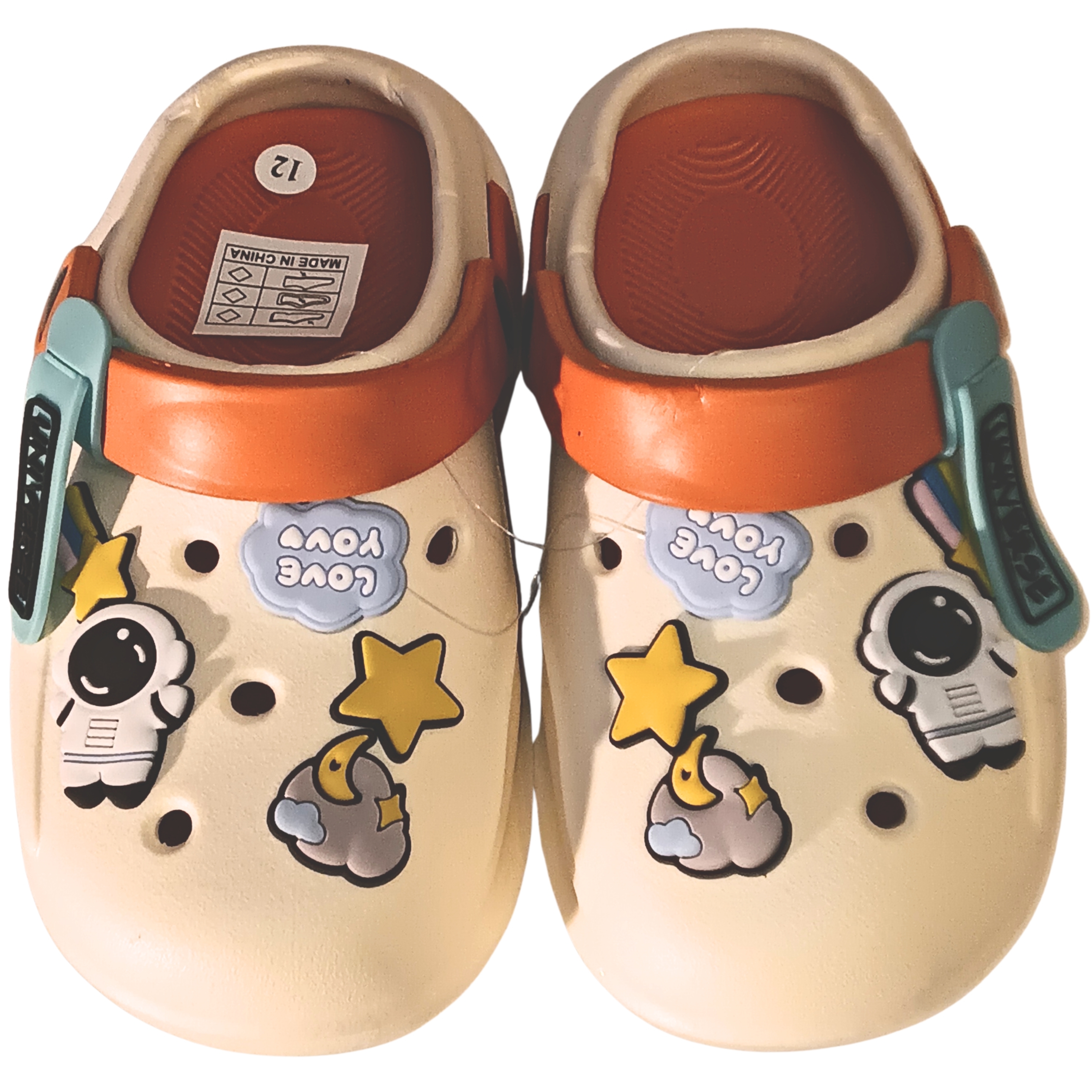 Stylish neutral beige clogs with high-density EVA foam and whimsical 3D astronaut and star details.