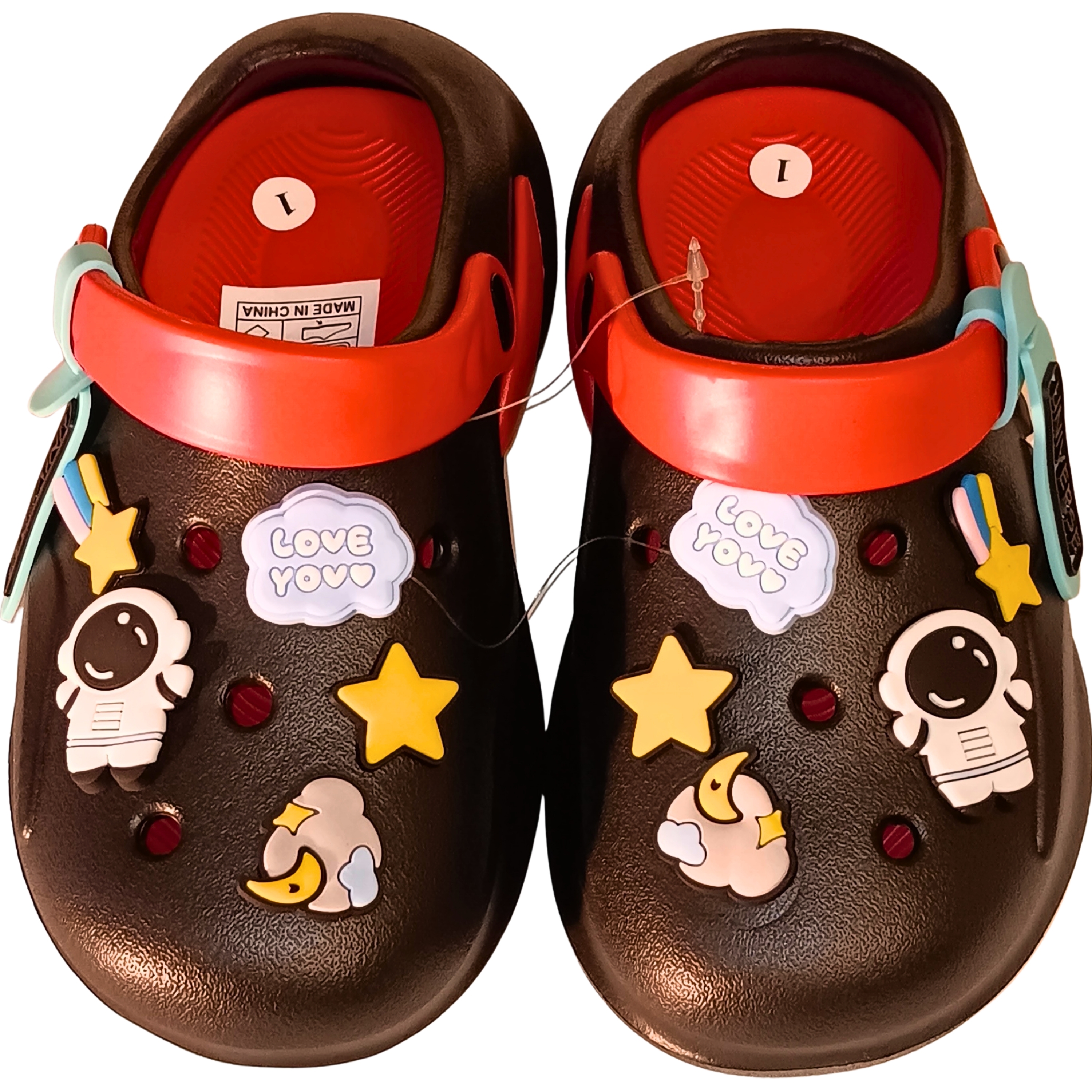 Classic deep black non-slip clogs with cosmic 3D charms, perfect for indoor and outdoor missions.