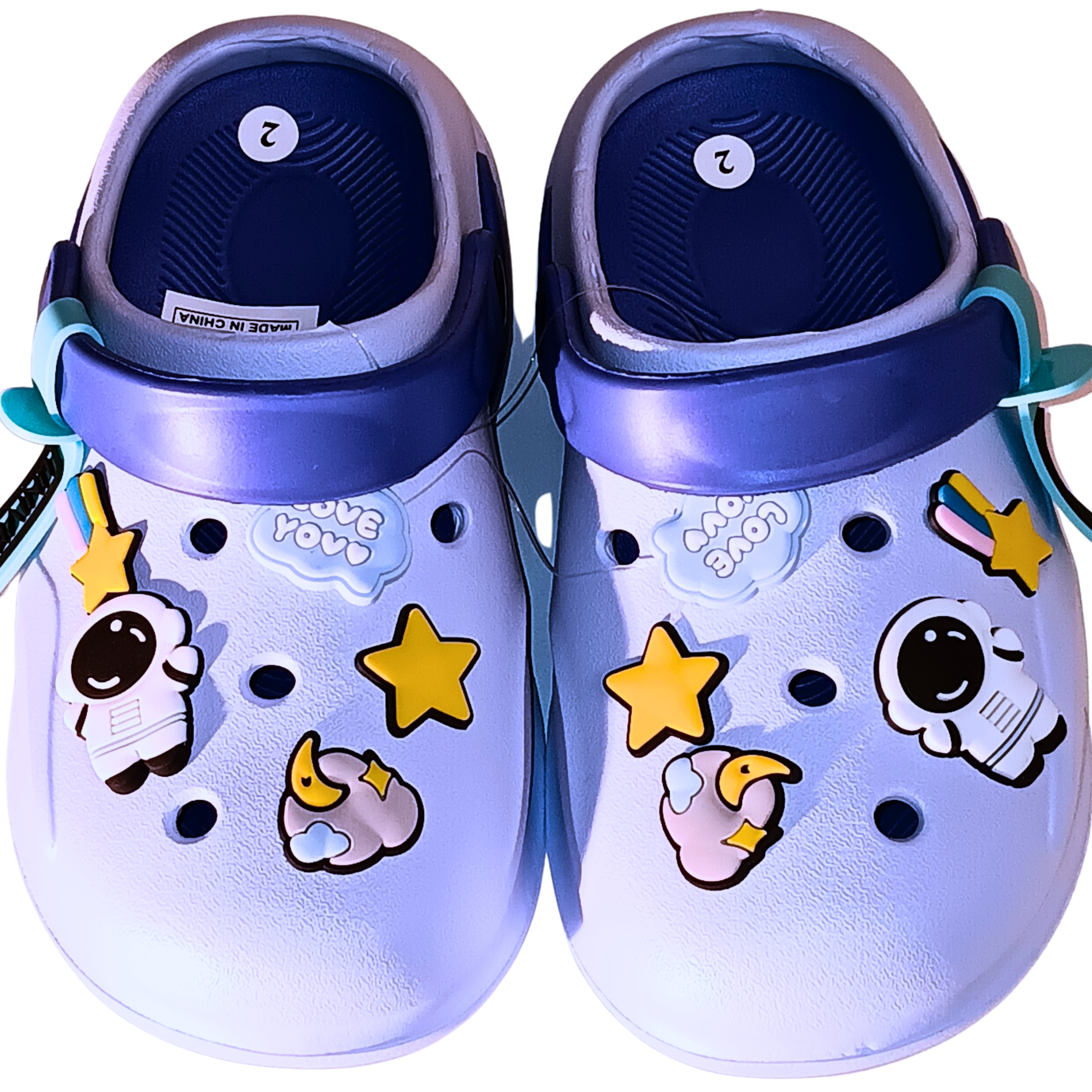 Bright and airy light blue clogs with breathable ventilation and colorful "Love You" cloud and star charms.