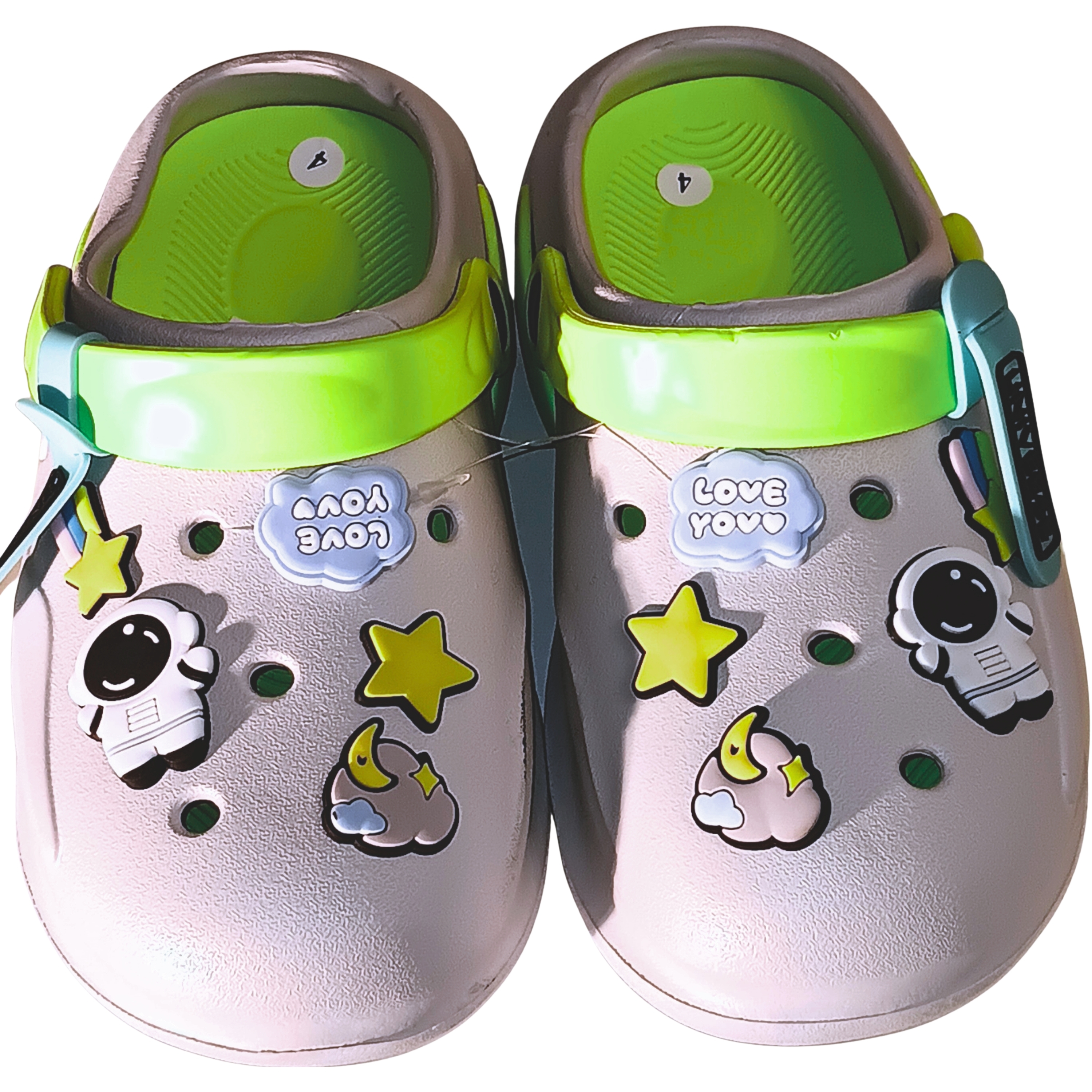 Modern gray slip-on slippers with a solid construction and premium space-traveler themed charms.