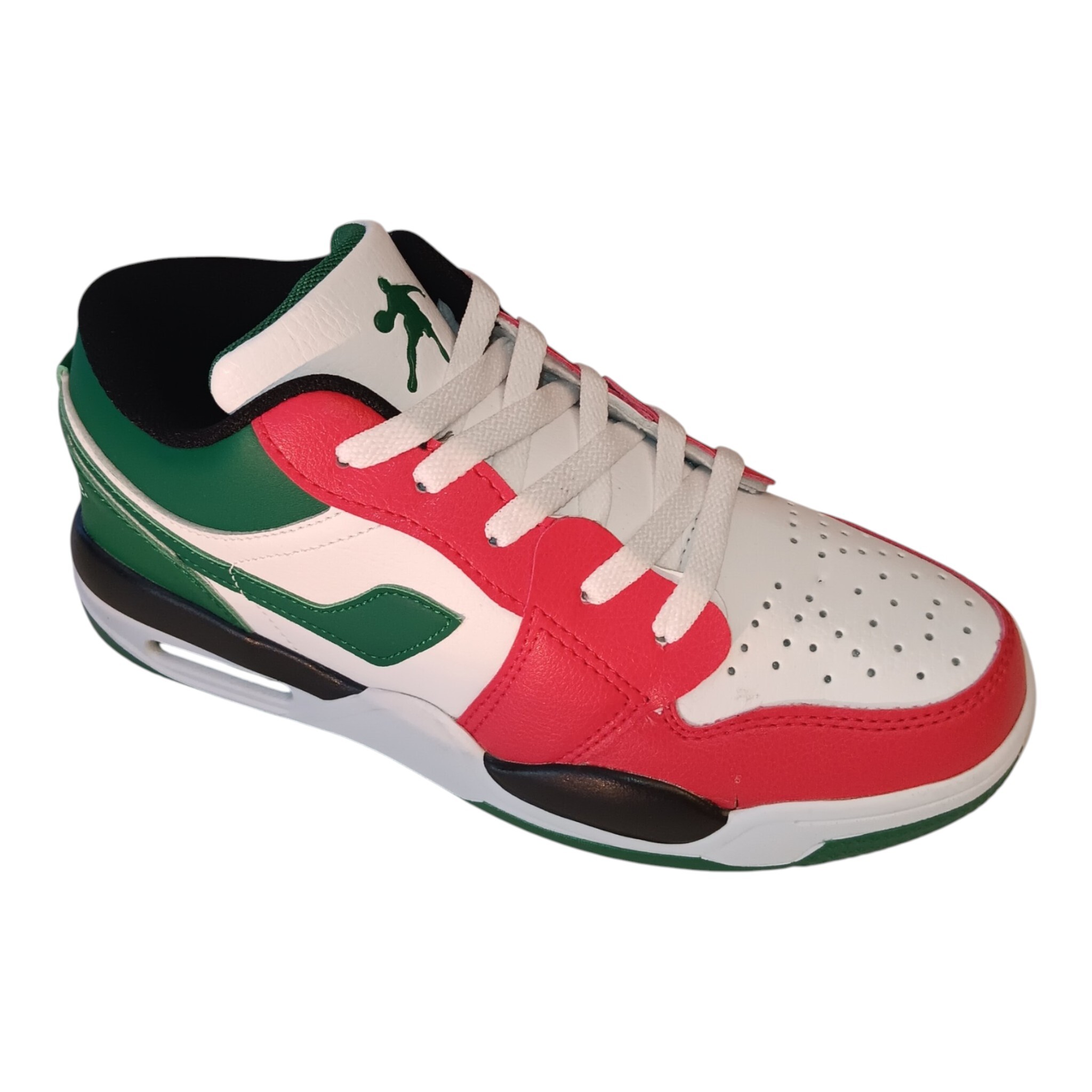 Air Sport Urban Retro Sneakers – Premium Dual & Tri-Color Fashion Mid-Top Athletic Shoes for Men and Teens Vibrant tri-color mid-top sneaker featuring a striking mix of red overlays, crisp white leather panels, and rich green heel accents.