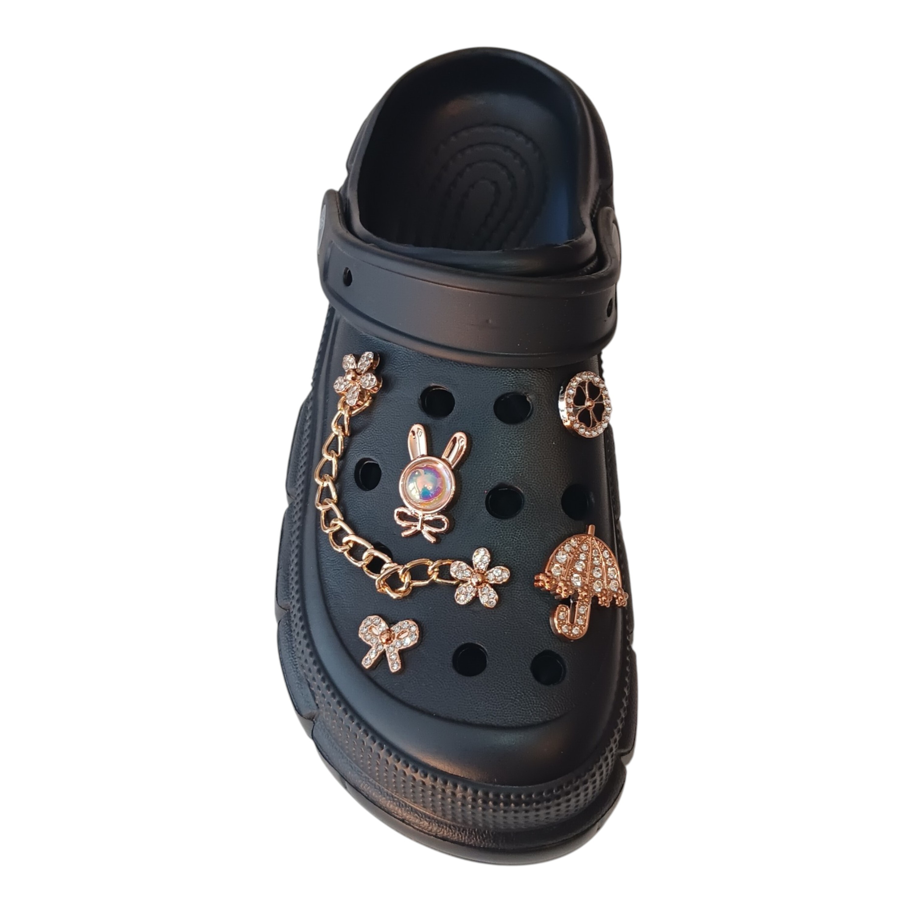 Women's Platform Clog Slippers with Luxury Gold Charms – Chunky Sole Summer Sandals, Bling Jibbitz Ornaments for Girls & Teens Women’s chunky black platform clogs adorned with luxury gold chains and sparkling rhinestone charms
