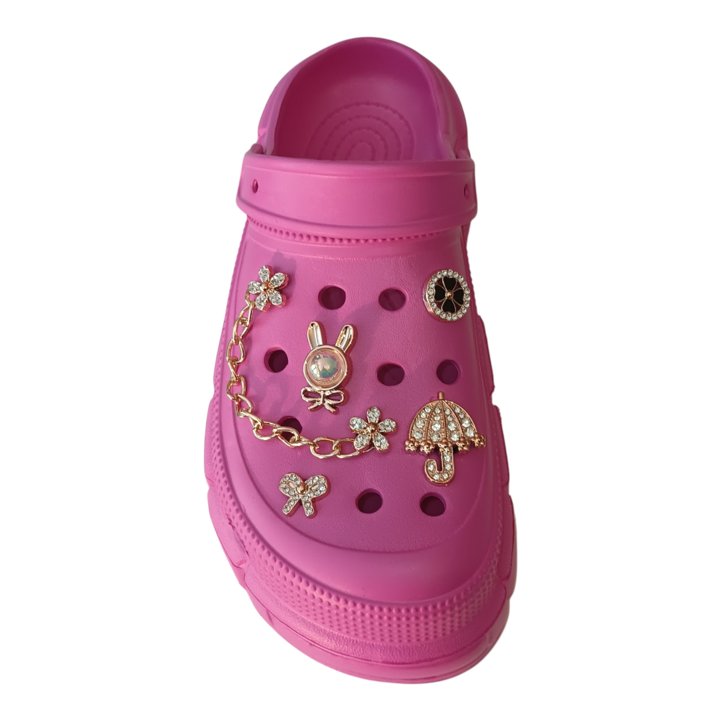 Women's Platform Clog Slippers with Luxury Gold Charms – Chunky Sole Summer Sandals, Bling Jibbitz Ornaments for Girls & Teens Vibrant hot pink chunky platform clogs pre-loaded with high-shine rhinestone charms and gold chains