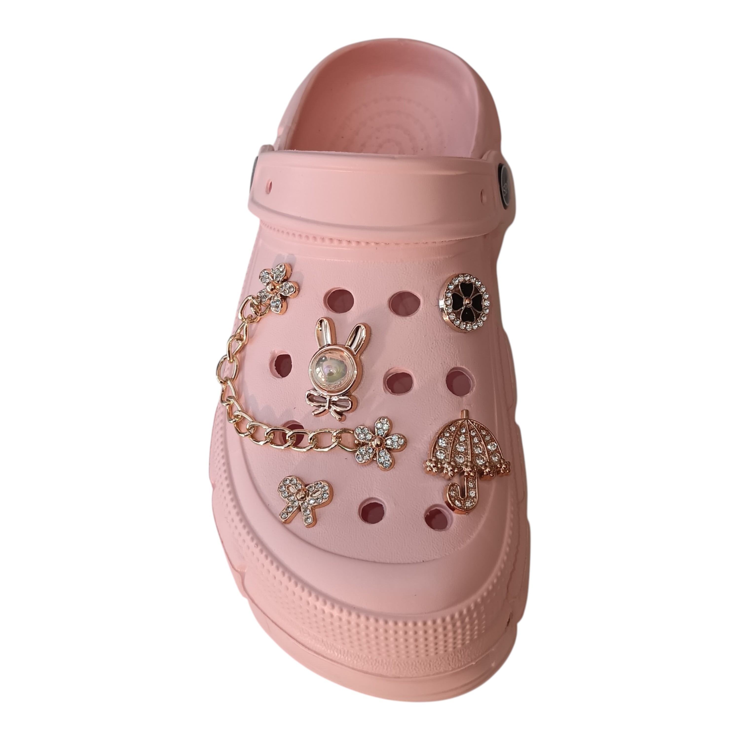 Women's Platform Clog Slippers with Luxury Gold Charms – Chunky Sole Summer Sandals, Bling Jibbitz Ornaments for Girls & Teens Pastel light pink platform clog slippers decorated with elegant gold chains and diamond-like charms