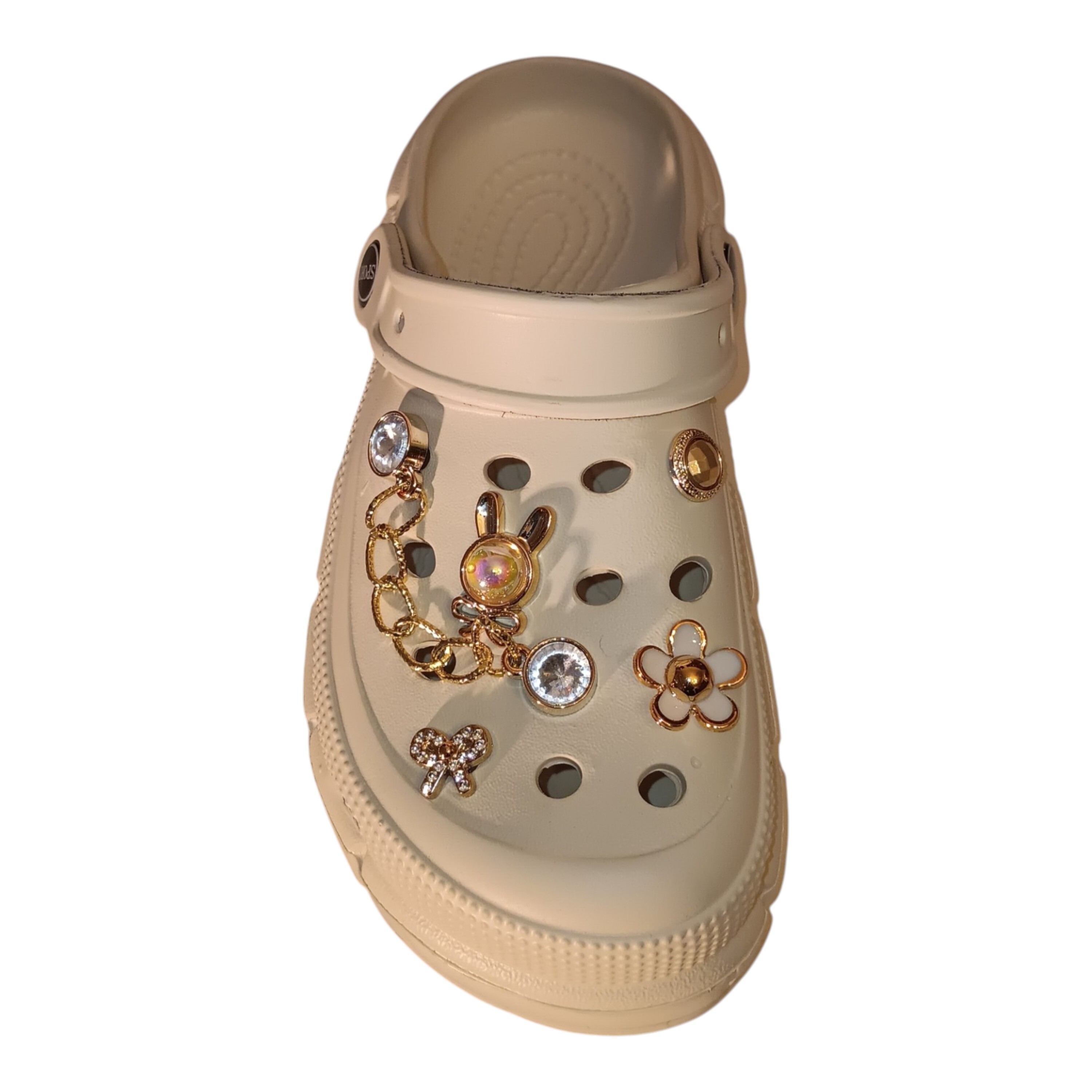 Women's Platform Clog Slippers with Luxury Gold Charms – Chunky Sole Summer Sandals, Bling Jibbitz Ornaments for Girls & Teens Minimalist off-white chunky platform clogs adorned with high-end gold chains and pearl-like rhinestones