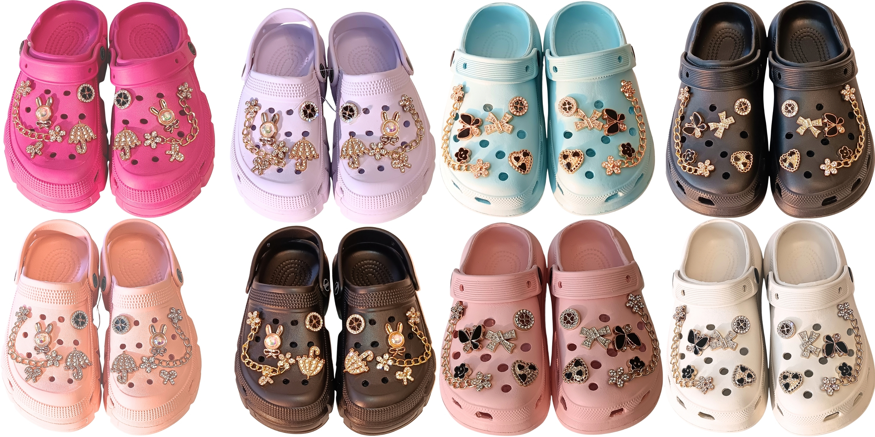 Girls' Embellished Clog Slippers – Rhinestone Butterfly & Umbrella Charms, Gold Chain, Non-Slip Comfort Platform